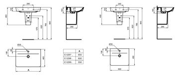 CONCEPT CUBE 2.0 umyvadlo 60 cm, s otvorem pro baterii a přepadem E076601 Technický nákres