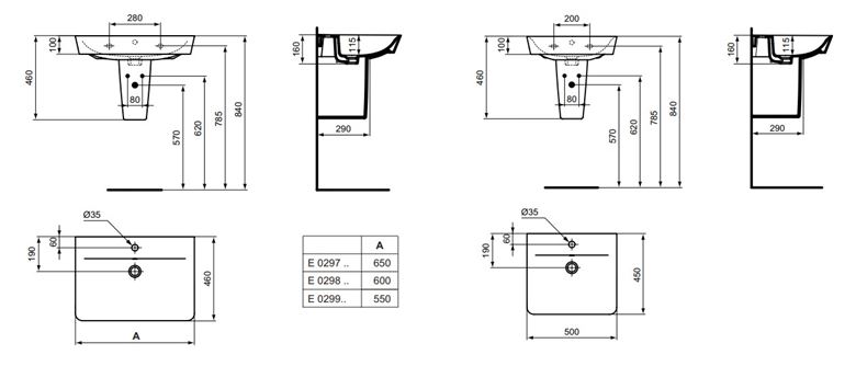 CONCEPT CUBE 2.0 umyvadlo 60 cm, s otvorem pro baterii a přepadem E076601 Technický nákres