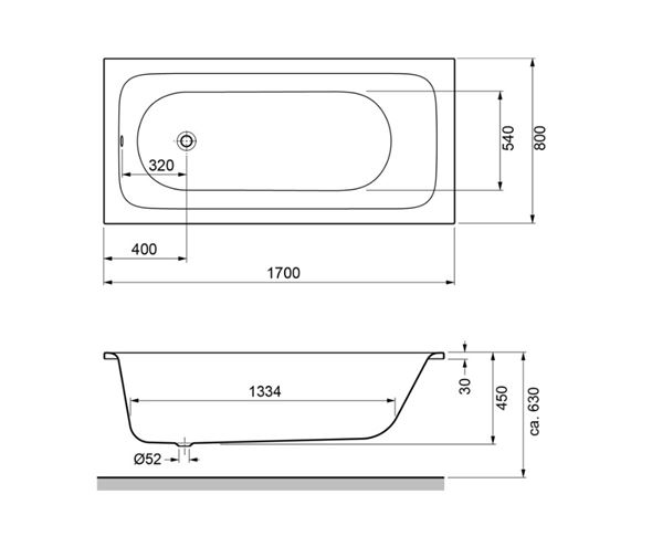 GKI SOFT vana 170x80 cm, bez nožiček, akrylát SOBW17080FW Technický nákres