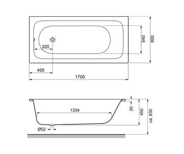 GKI SOFT vana 170x80 cm, bez nožiček, akrylát SOBW17080FW Technický nákres