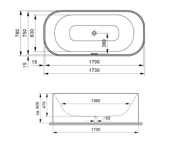 GKI UNO 2.0 volně stojící vana 173x78 cm, pro 2 osoby, akrylát UN2BW17378OSW Technický nákres