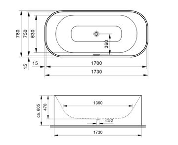 GKI UNO 2.0 volně stojící vana 173x78 cm, pro 2 osoby, akrylát UN2BW17378OSW Technický nákres