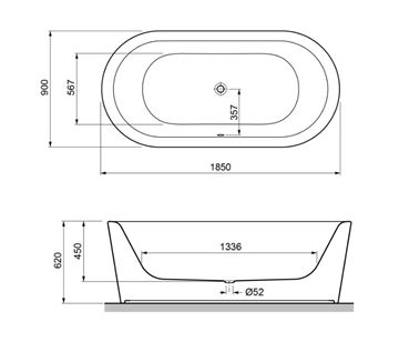 GKI SOFT volně stojící vana 185x90 cm, pro 2 osoby, akrylát SOBW18590OVSW Technický nákres