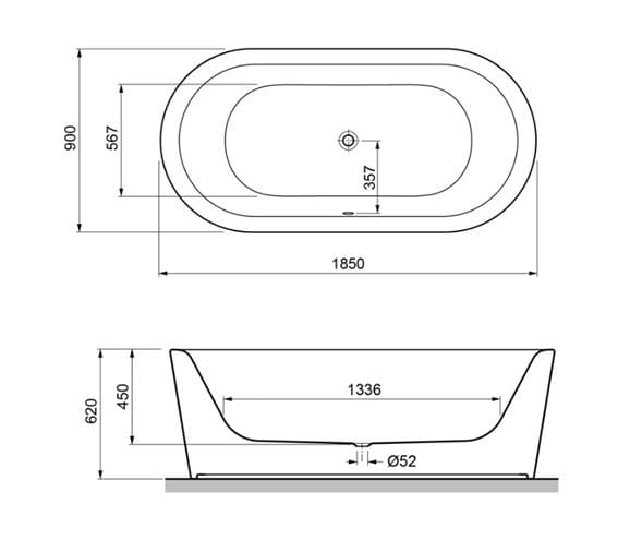 GKI SOFT volně stojící vana 185x90 cm, pro 2 osoby, akrylát SOBW18590OVSW Technický nákres