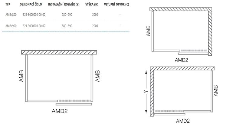 ROTH AMBIENT LINE AMB 900 boční stěna 90x200 cm, brillant/čiré sklo 621-9000000-00-02 Technický nákres