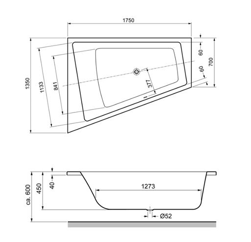 GKI MEMO rohová vana 175x135 cm, pro 2 osoby, bez nožiček, akrylát MEBWE175135LW Technický nákres