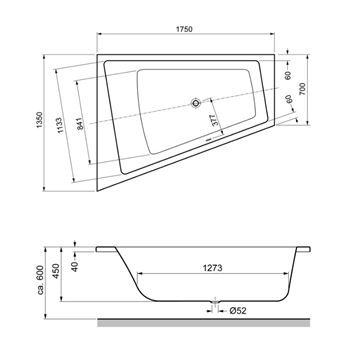 GKI MEMO rohová vana 175x135 cm, pro 2 osoby, bez nožiček, akrylát MEBWE175135LW Technický nákres