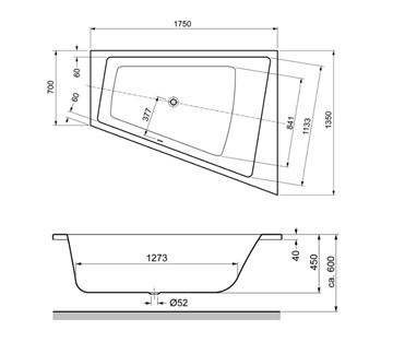 GKI MEMO rohová vana 175x135 cm, pro 2 osoby, bez nožiček, akrylát MEBWE175135RW Technický nákres