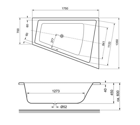 GKI MEMO rohová vana 175x135 cm, pro 2 osoby, bez nožiček, akrylát MEBWE175135RW Technický nákres