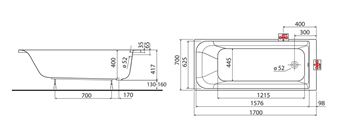 KOLO REKORD vana 170x70 cm, s nožičkami, akrylát XWP1670000 Technický nákres