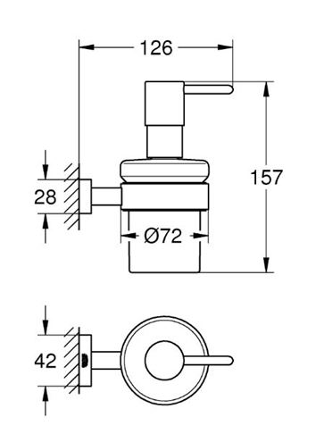 GROHE ESSENTIALS CUBE dávkovač tekutého mýdla 160 ml, nástěnný, sklo, chrom 40756001 Technický nákres