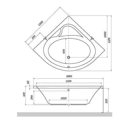 ROTH FLORA NEO rohová vana 120x120 cm, bez nožiček, akrylát 9590000 Technický nákres