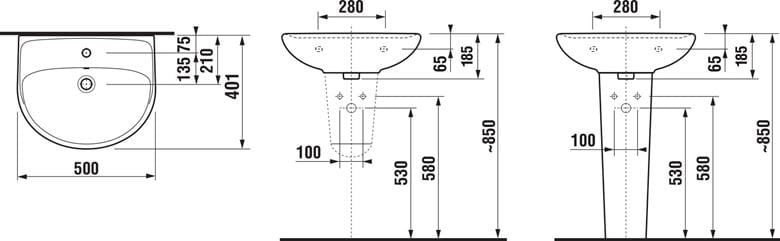 JIKA LYRA PLUS umyvadlo 50 cm, s otvorem pro baterii a přepadem H8143810001041 Technický nákres
