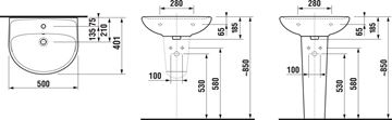 JIKA LYRA PLUS umyvadlo 50 cm, s otvorem pro baterii a přepadem H8143810001041 Technický nákres