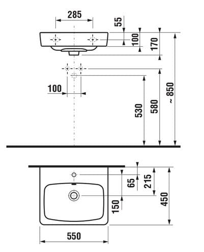 JIKA LYRA PLUS umyvadlo 55 cm, s otvorem pro baterii a přepadem H8103810001041 Technický nákres