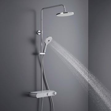 DURAVIT sprchový set s termostatickou baterií, horní sprcha, ruční sprcha se 3 proudy, teleskopická tyč, hadice, MinusFlow, chrom/lesklá bílá TH4382008005 Obrázek - fotka