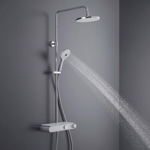 DURAVIT sprchový set s termostatickou baterií, horní sprcha, ruční sprcha se 3 proudy, teleskopická tyč, hadice, MinusFlow, chrom/lesklá bílá TH4382008005 Obrázek - fotka