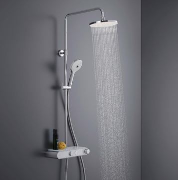 DURAVIT sprchový set s termostatickou baterií, horní sprcha, ruční sprcha se 3 proudy, teleskopická tyč, hadice, MinusFlow, chrom/lesklá bílá TH4382008005 Obrázek - fotka