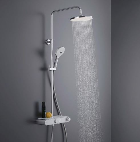 DURAVIT sprchový set s termostatickou baterií, horní sprcha, ruční sprcha se 3 proudy, teleskopická tyč, hadice, MinusFlow, chrom/lesklá bílá TH4382008005 Obrázek - fotka