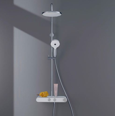 DURAVIT sprchový set s termostatickou baterií, horní sprcha, ruční sprcha se 3 proudy, teleskopická tyč, hadice, MinusFlow, chrom/lesklá bílá TH4382008005 Obrázek - fotka