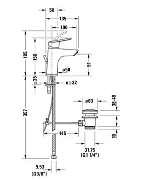 DURAVIT NO.1 umyvadlová stojánková baterie, s odtokovou soupravou, chrom N11010001010 Technický nákres