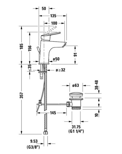 DURAVIT NO.1 umyvadlová stojánková baterie, s odtokovou soupravou, chrom N11010001010 Technický nákres