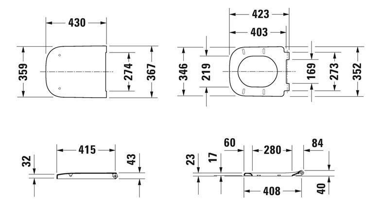 DURAVIT HAPPY D.2 WC sedátko, Soft-Close, lesklá bílá 0064590000 Technický nákres