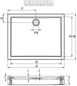 RIHO DAVOS 253 sprchová vanička 100x90 cm, akrylát, s nožičkami D002007005 Technický nákres