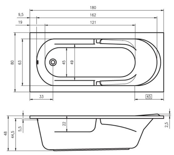 RIHO FUTURE vana 180x80 cm, bez nožiček, akrylát B074001005 Technický nákres