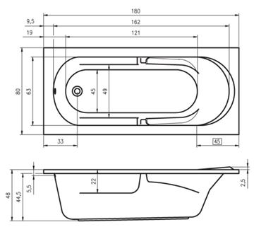 RIHO FUTURE vana 180x80 cm, bez nožiček, akrylát B074001005 Technický nákres