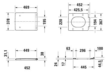 DURAVIT VERO AIR WC sedátko, Soft-Close, lesklá bílá 0022090000 Technický nákres