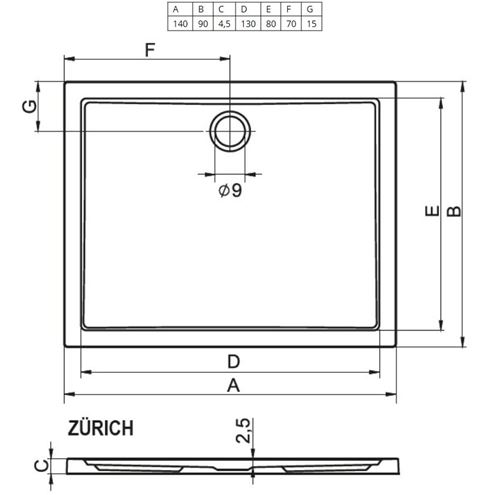 RIHO ZÜRICH 256 sprchová vanička 140x90 cm, akrylát, bez nožiček D001010005 Technický nákres