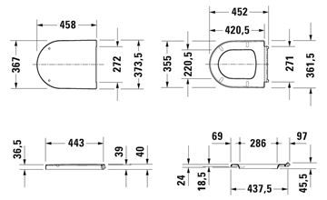 DURAVIT ME BY STARCK WC sedátko, Soft-Close, lesklá bílá 0020090000 Technický nákres