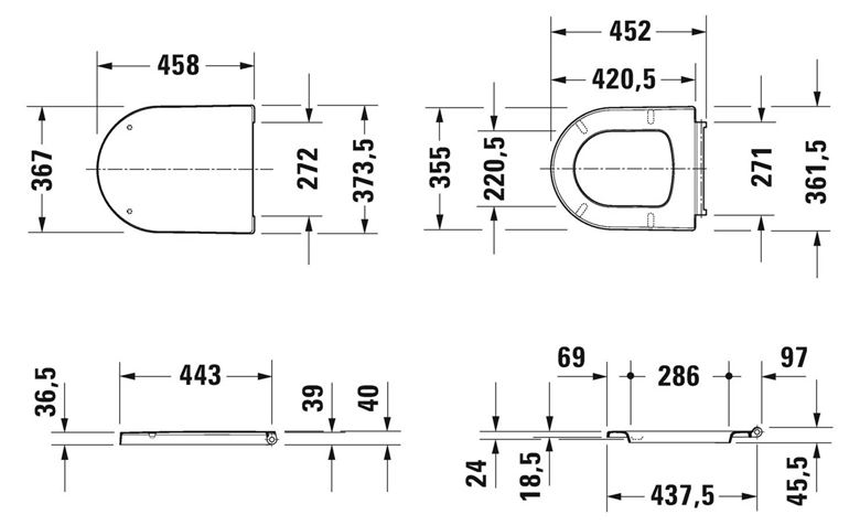DURAVIT ME BY STARCK WC sedátko, Soft-Close, lesklá bílá 0020090000 Technický nákres