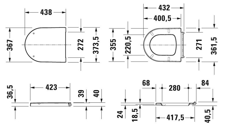 DURAVIT ME BY STARCK WC sedátko, Soft-Close, lesklá bílá 0020190000 Technický nákres