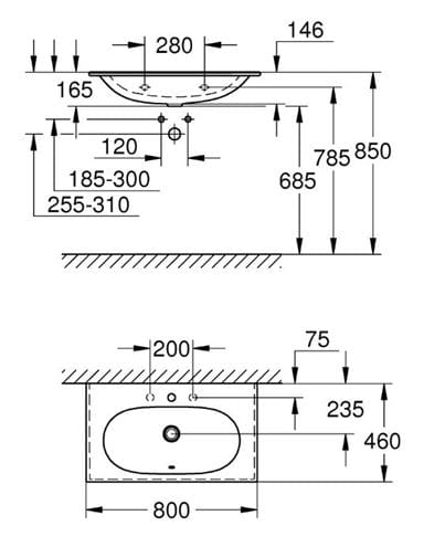 GROHE ESSENCE umyvadlo 80 cm, s otvorem pro baterii a přepadem, PureGuard 3956700H Technický nákres