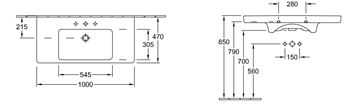 VILLEROY & BOCH SUBWAY 2.0 umyvadlo 100 cm, s otvorem pro baterii a přepadem, CeramicPlus 7175A0R1 Technický nákres