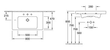 VILLEROY & BOCH SUBWAY 2.0 umyvadlo 80 cm, s otvorem pro baterii a přepadem 71758001 Technický nákres