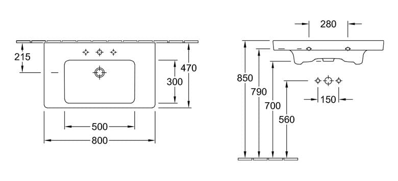VILLEROY & BOCH SUBWAY 2.0 umyvadlo 80 cm, s otvorem pro baterii a přepadem, CeramicPlus 717580R1 Technický nákres
