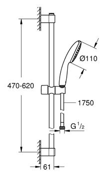 GROHE TEMPESTA 110 sprchová souprava 3-dílná, ruční sprcha pr. 110 mm, tyč, hadice, Water Saving, chrom 27924003 Technický nákres