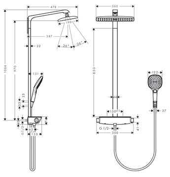 HANSGROHE RAINDANCE E360 SHOWEPIPE 360 sprchový set s termostatickou baterií, horní sprcha, ruční sprcha se 3 proudy, tyč, hadice, držák, chrom 27112000 Technický nákres