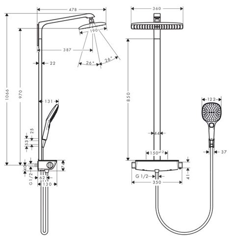 HANSGROHE RAINDANCE E360 SHOWEPIPE 360 sprchový set s termostatickou baterií, horní sprcha, ruční sprcha se 3 proudy, tyč, hadice, držák, chrom 27112000 Technický nákres