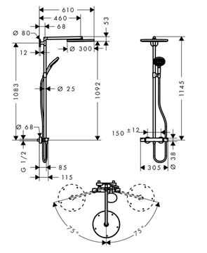 HANSGROHE RAINDANCE S SHOWEPIPE sprchový set s termostatickou baterií, horní sprcha, ruční sprcha se 3 proudy, tyč, hadice, chrom 27114000 Technický nákres