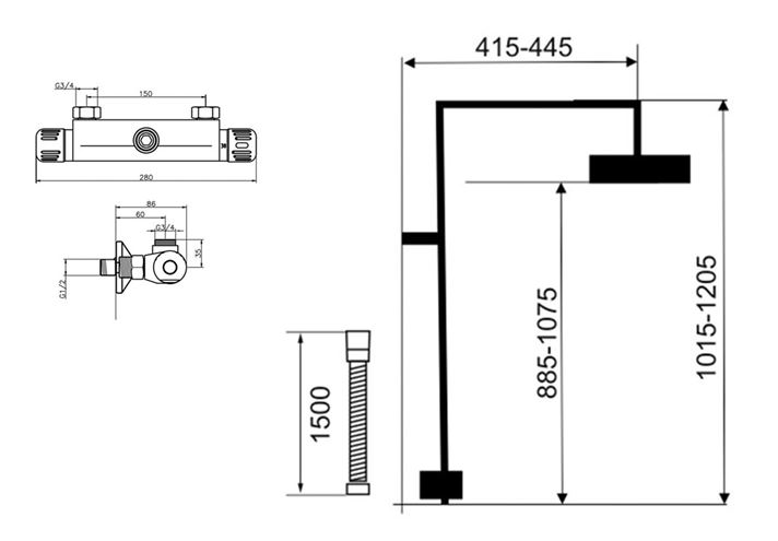 NOVASERVIS AQUAMAT sprchový set s termostatickou baterií, horní sprcha, ruční sprcha se 3 proudy, teleskopická tyč, hadice, chrom SADA2661 Technický nákres