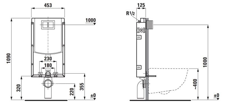 LAUFEN INEO TW102 montážní prvek pro WC 109 cm, se splachovací nádržkou H9261020000001 Technický nákres