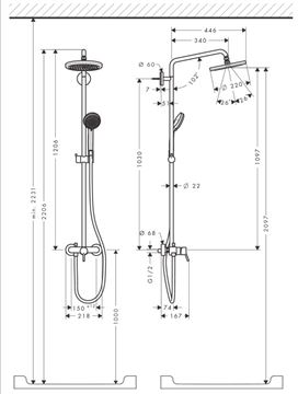 HANSGROHE CROMA SHOWERPIPE 220 sprchový set s baterií, horní sprcha, ruční sprcha se 4 proudy, chrom 27222000 Technický nákres