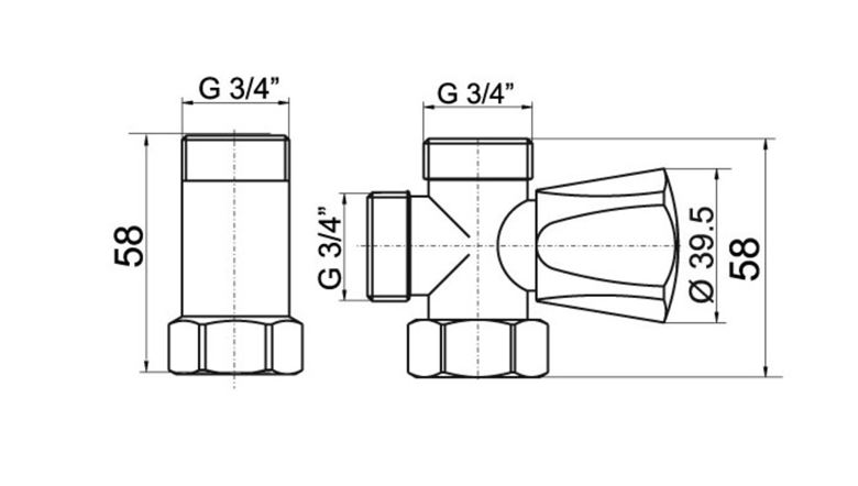 EASY pračkový ventil 3/4"x3/4"x3/4", chrom EAS.3019.CF Technický nákres