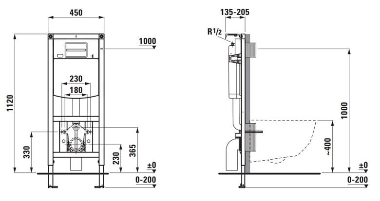 LAUFEN INEO montážní prvek pro WC 112 cm, se splachovací nádržkou H9201020000001 Technický nákres