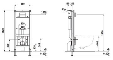 LAUFEN INEO montážní prvek pro WC 112 cm, se splachovací nádržkou H9201020000001 Technický nákres