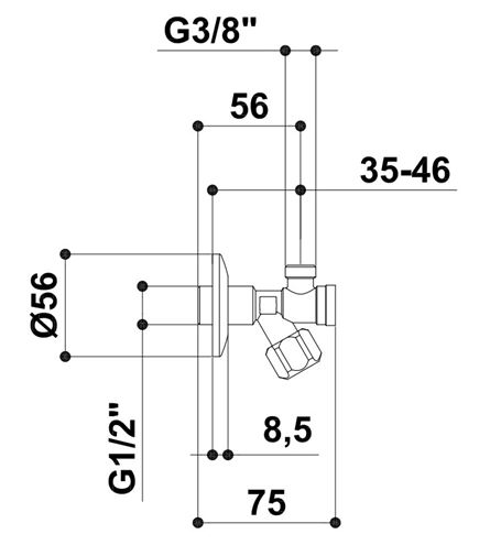 RAF rohový ventil 1/2"x3/8", s filtrem, chrom RV1313 Technický nákres